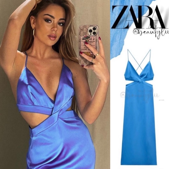 ZARA Satin Effect Cut Out Midi In Blue - Picture 4 of 17